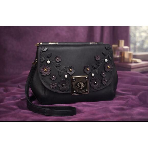 Coach Handbags - Coach Tea Rose Top Handle Bag Black and Oxblood Leather